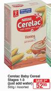 Nestle Cerelac Baby Cereal Stages 1-3(Just Add Water) Assorted-500g