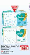 Pampers Baby Wipes Value Pack Complete Clean 9 x 64 Wipes Or Sensitive Protect 9 x 56 Wipes-Per Pack