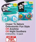 Tommee Tippee Closer To Nature Orthodontic Fun Style Or Anytime Or Night Soothers 0-6 Months-2 Pack-