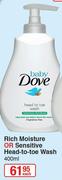 Baby Dove Rich Moisture Or Sensitive Head-To-Toe Wash-400ml Each