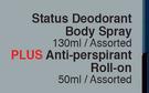 Status Deodorant Body Spray Assorted 130ml Plus Anti-Perspirant Roll-on Assorted 50ml-For Both