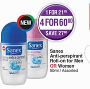 Sanex Anti-Perspirant Roll On For Men Or Women Assorted-For 4 x 50ml