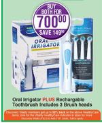Oral Irrigator Plus Rechargeable Toothbrush Includes 3 Brush Heads-For Both