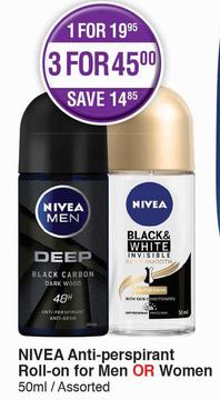 Nivea Anti-Perspirant Roll On For Men Or Women 50ml Assorted-Each