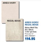 Aries Ivory/Regal Beige Shiny Wall Tile 25 x 40cm-Per Sqm