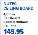 Nutec Ceiling Board 4.0mm-3000 x 900mm Per Board 