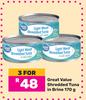 Great Value Shredded Tuna In Brine-For 3 x 170g