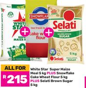 White Star Super Maize Meal 5kg + Snowflake Cake Wheat Flour 5kg + Selati Brown Sugar 5kg-For All