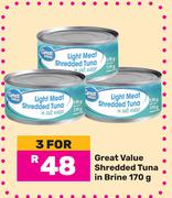 Great Value Shredded Tuna In Brine-For 3 x 170g
