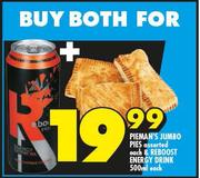 Pieman's Jumbo Pies & Reboost Energy Drink 500ml-For Both
