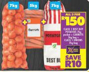 Class 1 Best Buy Potatoes 7Kg Packet + Carrot 5kg bag + Class 1 Onions 7Kg Bag-For All 3