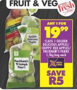 Class 1 Golden Delicious Apples/Crispps Red Apples/Packham's Pears-1.5Kg Bag Each