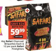 Safari Charcoal/Briquettes 4Kg & 12 Per pack Safari Firelighters-Both For