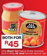 Black Cat Peanut Butter 400g Assorted Each & All Gold Smooth Apricot Jam 900g-For Both