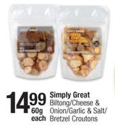 Simply Great Biltong/Cheese & Onion/Garlic & Salt/Bretzel Croutons-60g Each