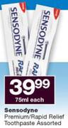 Sensodyne Premium/Rapid Relief Toothpaste Assorted-75ml Each