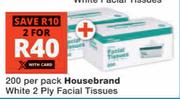 Housebrand White 2 Ply Facial Tissues-For 2 x 200 Per Pack
