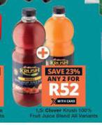 Clover Krush 100% Fruit Juice Blend All Variants-For Any 2 x 1.5L