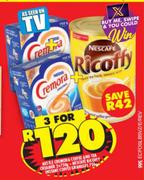Nestle Cremora Coffee And Tea Creamer 2x750g + Nescafe Recoffy Instant Coffee Granules 750g-For 3