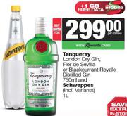 Tanqueray London Dry Gin, Flor De Sevilla Or Blackcurrant Royale Distilled Gin 750ml & Schweppes 1Lt