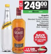 Grant's Triple Wood Blended Scotch Whisky 750ml & Schweppes 1L-Both For