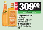 Jagermeister Orange Herbal Liqueur 750ml & Schweppes 1L-Both For