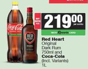 Red Heart Original Dark Rum 750ml & Coca Cola 1L-Both For