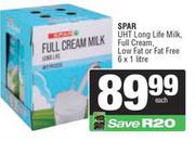 Spar UHT Long Life Milk Full Cream,Low Fat Or Fat Free-6 x 1L