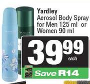 Yardley Aerosol Body Spray For Men 125ml Or Women 90ml
