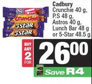 Cadbury Crunchie 40g,P.S 48g,Astros 40g,Lunch Bar 48g Or 5 Star 48.5g-For 2