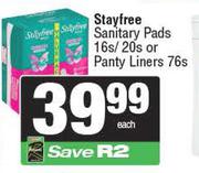 Stayfree Sanitary Pads 16s/20s Or Pantyliners 76s
