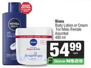 Nivea Body Lotion or Cream For Male/ Female Assorted-400ml Each