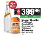 Monkey Shoulder The Original Blended Malt Scotch Whisky 750ml & Schweepes 1L-For Both