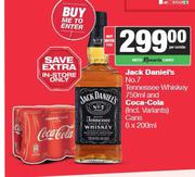 Jack Daniel's No.7 Tennessee Whisky 750ml & Coca Cola Cans 6 x 200ml