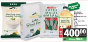 Bergfresh Rice 10Kg, Cake Flour 10Kg, Spar Maize Meal 10Kg & Divine Cottonseed Blend Oil 5L-For All