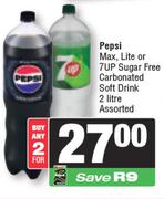Pepsi Max, Lite Or 7Up Sugar Free Carbonated Soft Drink Assorted-For Any 2 x 2Ltr