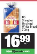 BB Sliced Or Unsliced White Bread-700g Each