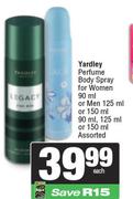 Yardley Perfume Body Spray For Women 90ml Or Men 125ml Or 150ml 90ml, 125ml Or 150ml Assorted-Each