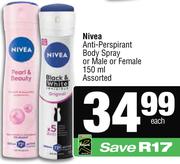 Nivea Anti-Perspirant Body Spray Or Male Or Female Assorted-150ml Each
