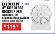 Dixon 4" Cordless Desktop Fan With Built In Rechargeable Battery ZLF0400