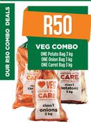 Veg Combo Of 1 Potato Bag 3kg,1 Onion Bag 3kg & 1 Carrot Bag 3kg-For All