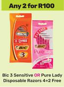 Bic 3 Sensitive Or Pure Lady Disposable Razors (4+2 Free)-For Any 2