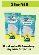 Great Value Dishwashing Liquid Refill-For 2 x 750ml