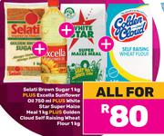Selati Brown Sugar 1Kg, Excela Sunflower Oil 750ml, WhiteStar Maize Meal 1kg & Golden Cloud Flour1kg