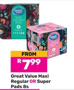 Great Value Maxi Regular Or Super Pads-8s Pack