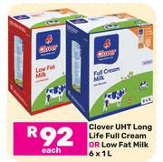 Clover UHT Long Life Full Cream Or Low Fat Milk-6 x 1L