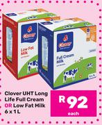 Clover UHT Long Life Full Cream, Or Low Fat Milk 6 x 1Ltr-Each