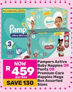 Pampers Active Baby Nappies Or Pants Or Premium Care Nappies Mega Box (Assorted Sizes)-Per Box