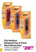 Bic Clic Medium Ballpoint Pen (2 Pack Blue/Black/Red) 120037/104655/19420-Each
