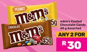 M & M's Coated Chocolate Candy Assorted-For Any 2 x 45g